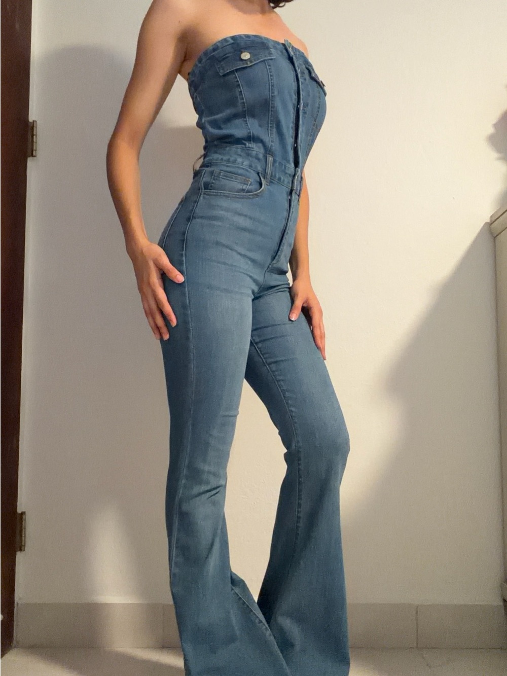 Forever 21 Strapless Flared Denim Jumpsuit - Medium Blue